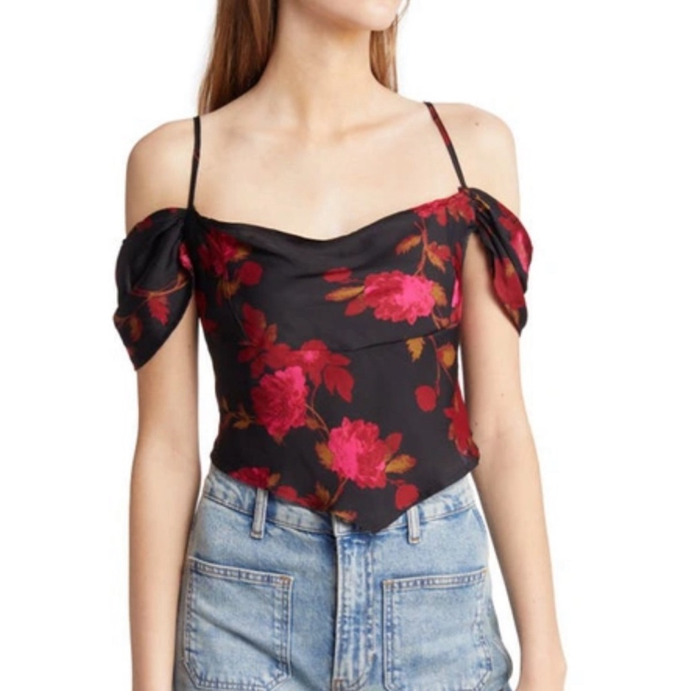ree People Cassandra Floral Off The Shoulder Blouse In Black Size S
